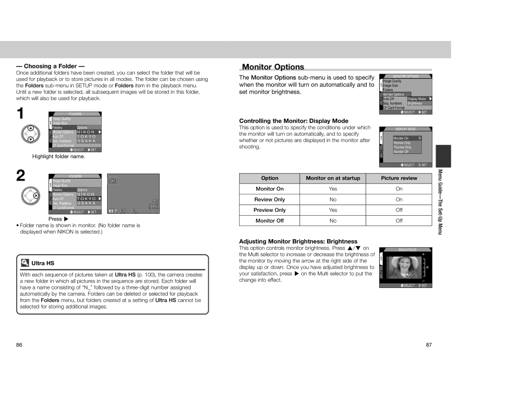 Nikon 4300 manual Monitor Options, Choosing a Folder, Controlling the Monitor Display Mode 