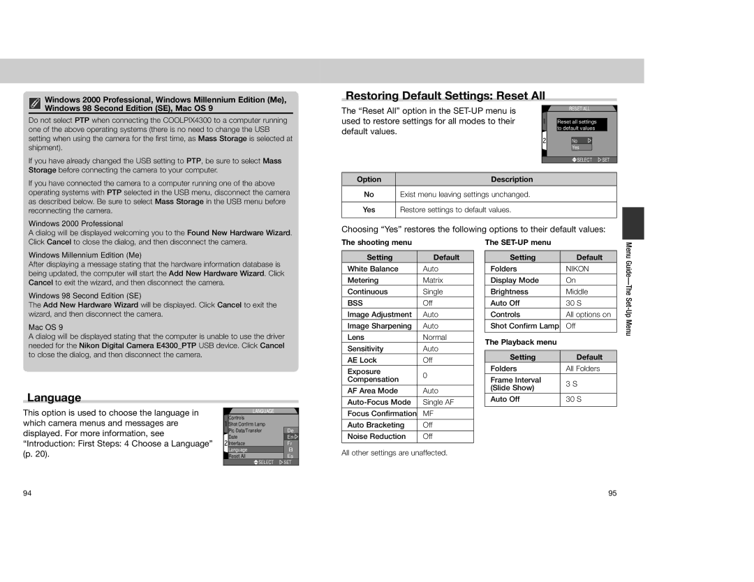 Nikon 4300 manual Restoring Default Settings Reset All, Language 