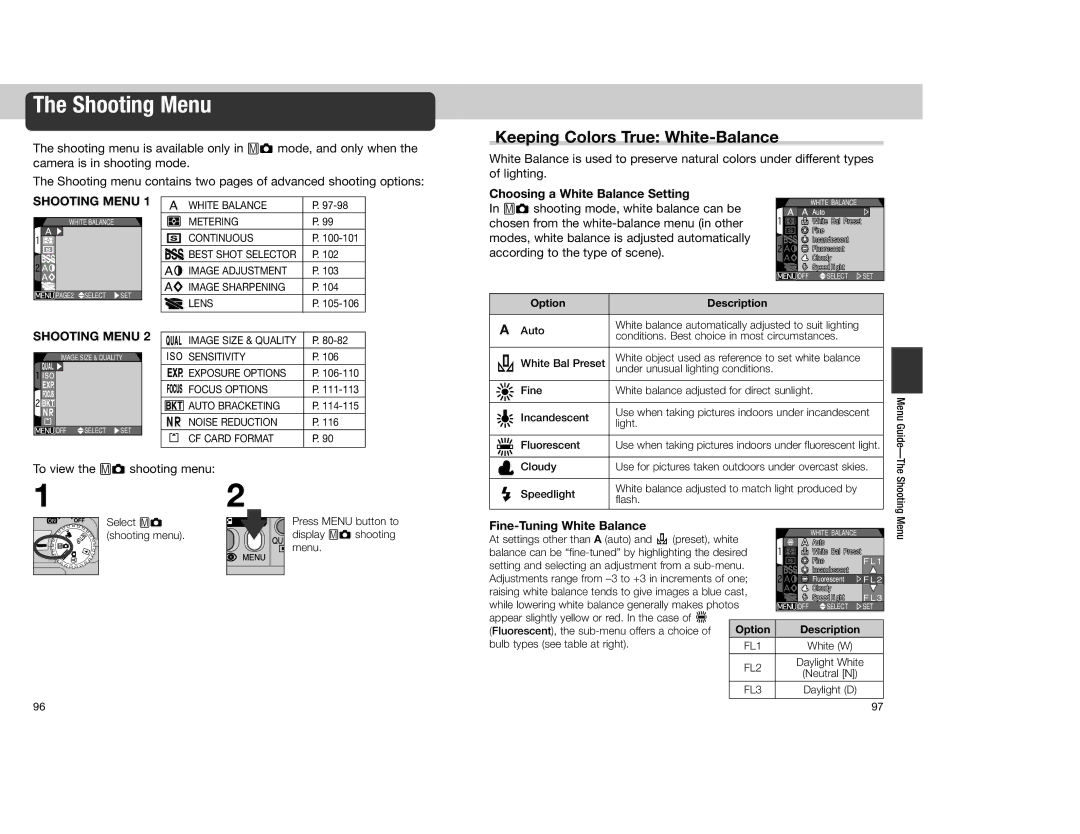 Nikon 4300 Shooting Menu, Keeping Colors True White-Balance, Choosing a White Balance Setting, To view the å shooting menu 