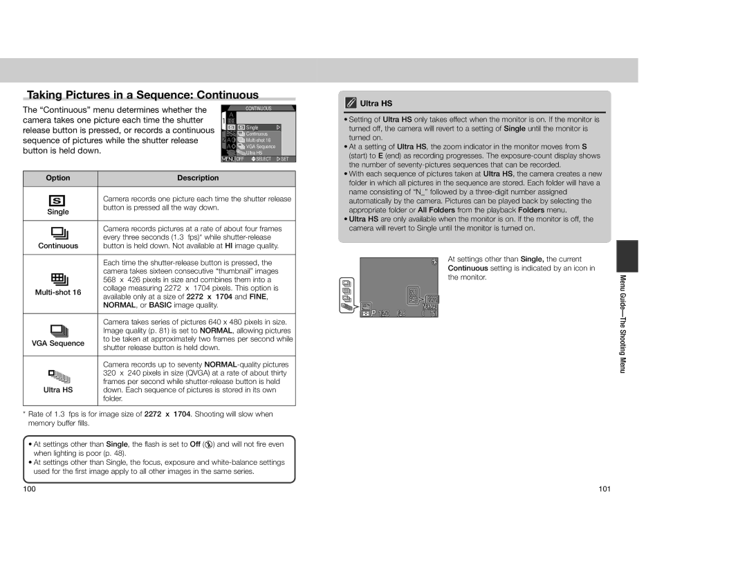 Nikon 4300 manual Taking Pictures in a Sequence Continuous 