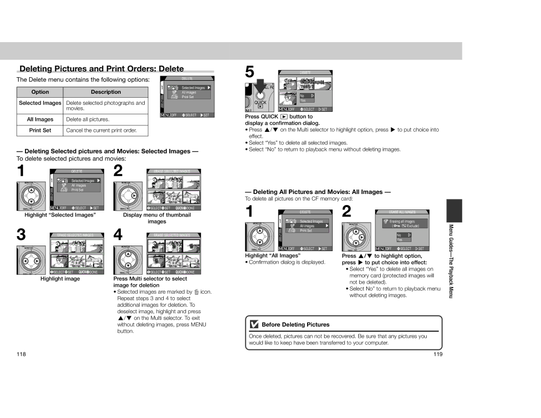 Nikon 4300 manual Deleting Pictures and Print Orders Delete, Delete menu contains the following options 