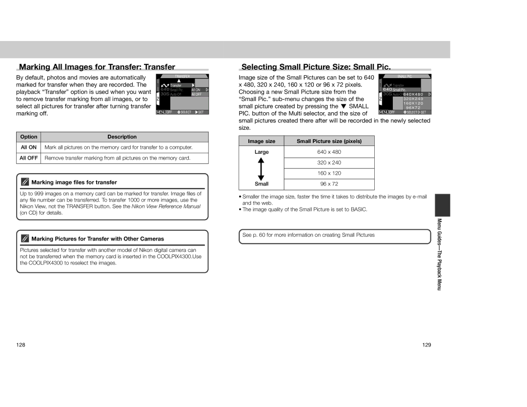 Nikon 4300 manual Image size of the Small Pictures can be set to, 480, 320 x 240, 160 x 120 or 96 x 72 pixels 