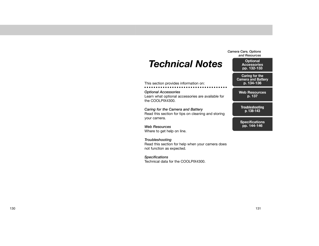 Nikon 4300 manual Optional Accessories, Web Resources, Troubleshooting Specifications 