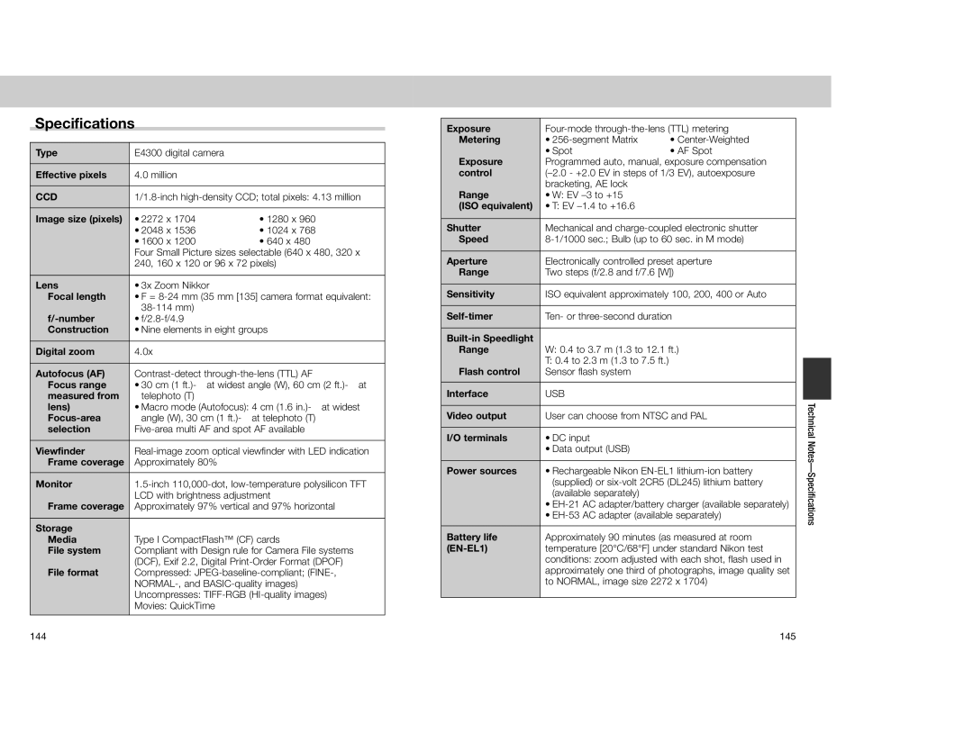 Nikon 4300 manual Specifications 