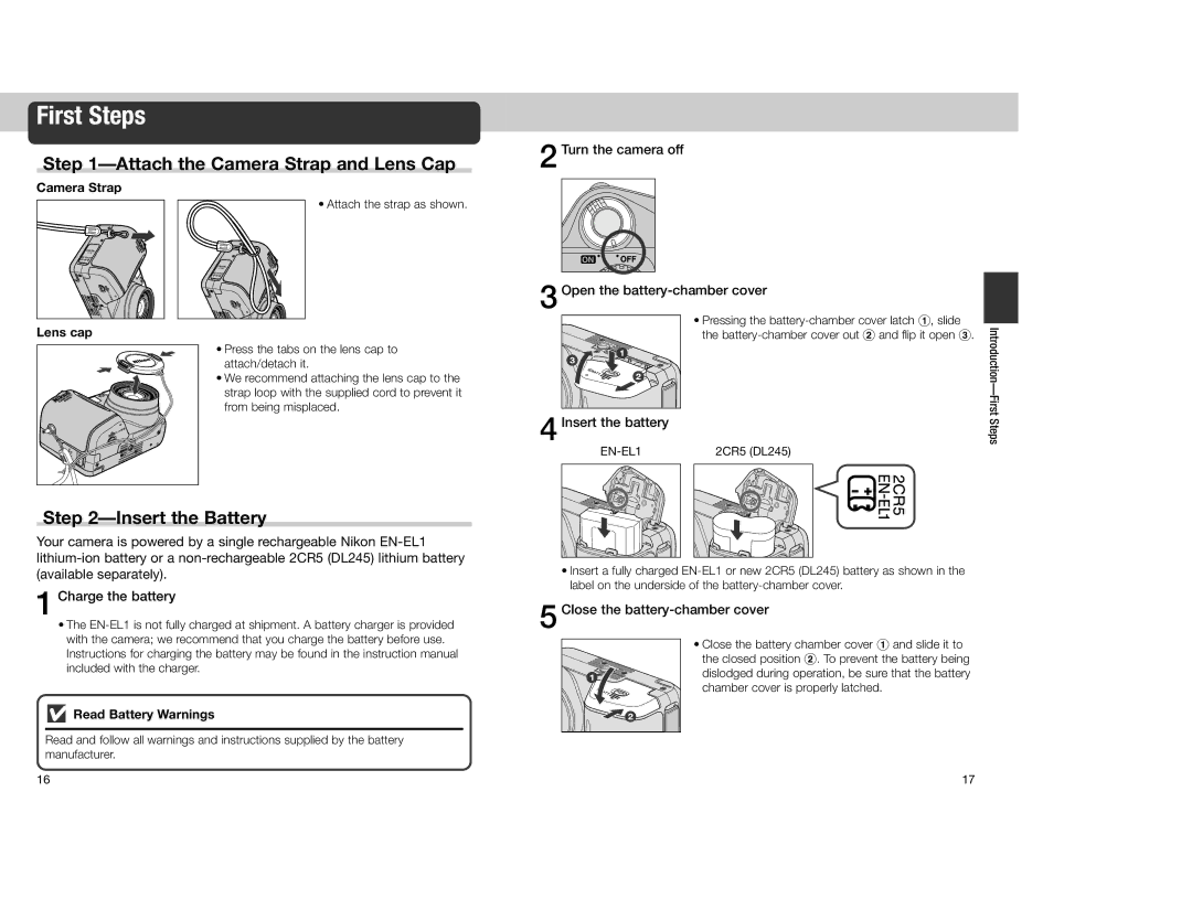 Nikon 4300 manual First Steps, Attach the Camera Strap and Lens Cap, Insert the Battery 