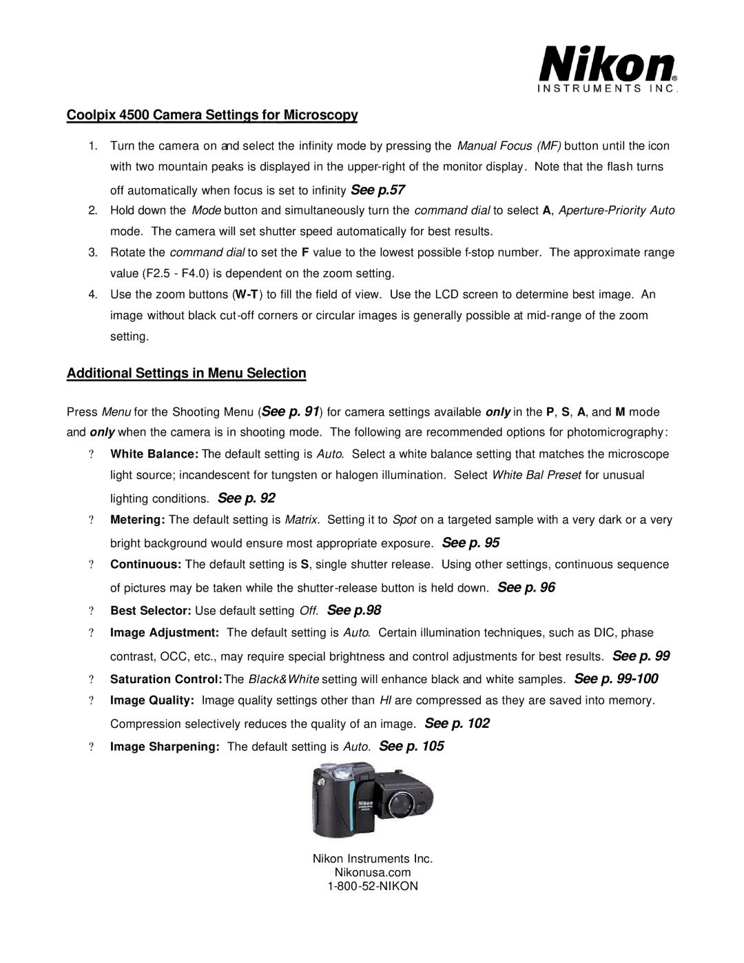 Nikon user manual Coolpix 4500 Camera Settings for Microscopy, Additional Settings in Menu Selection 