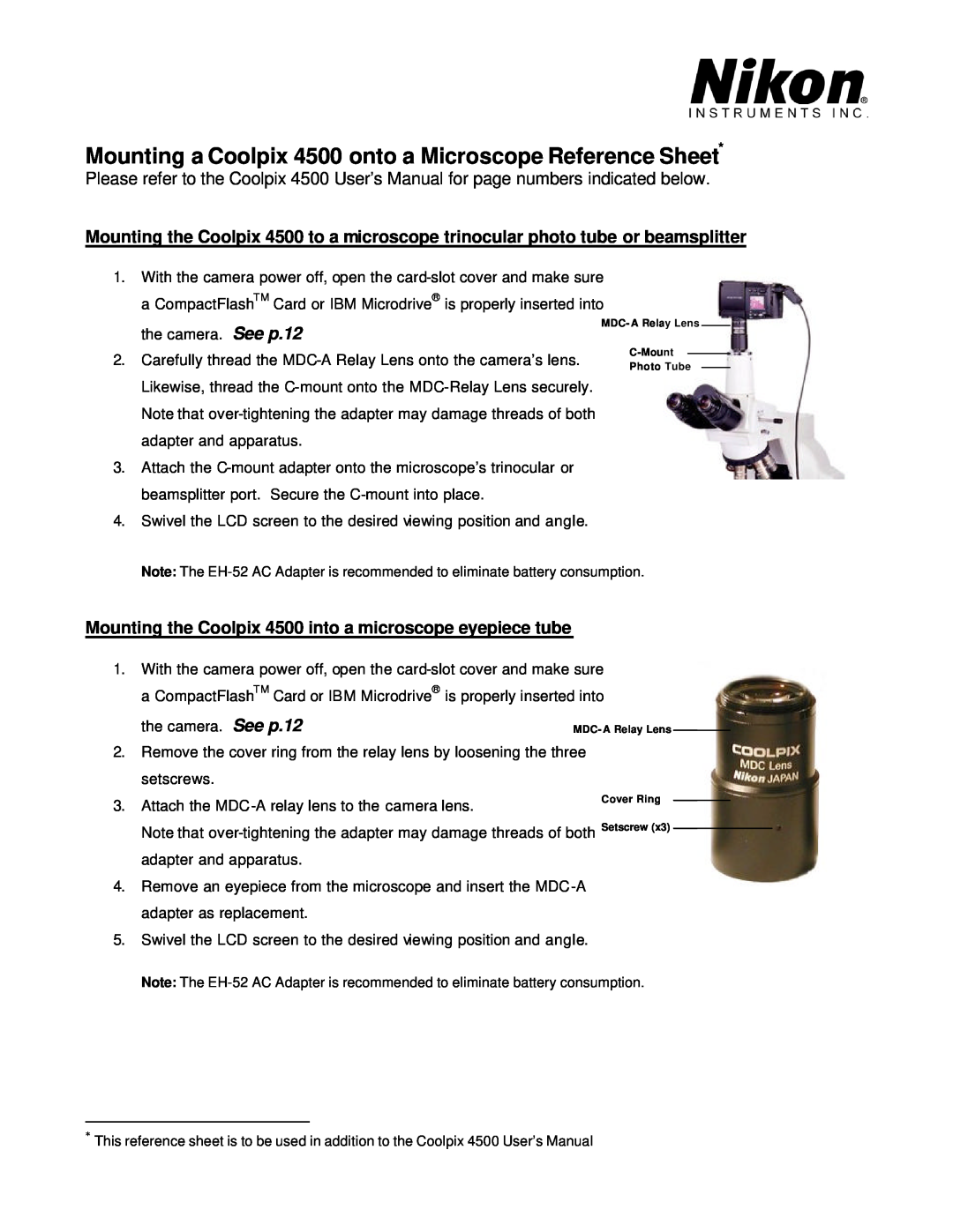 Nikon user manual Mounting the Coolpix 4500 into a microscope eyepiece tube, the camera. See p.12 