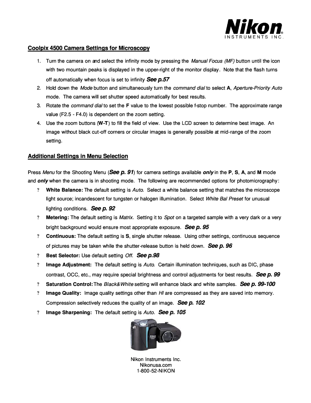 Nikon user manual Coolpix 4500 Camera Settings for Microscopy, Additional Settings in Menu Selection 