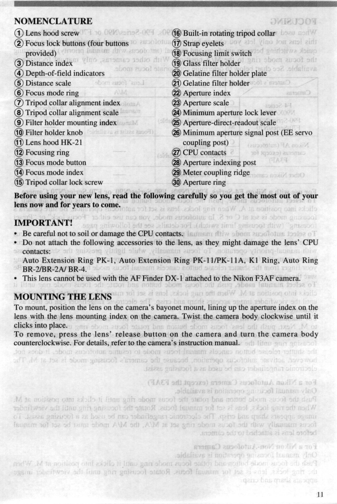 Nikon 4DIF instruction manual Nomenclature, Mounting the Lens 