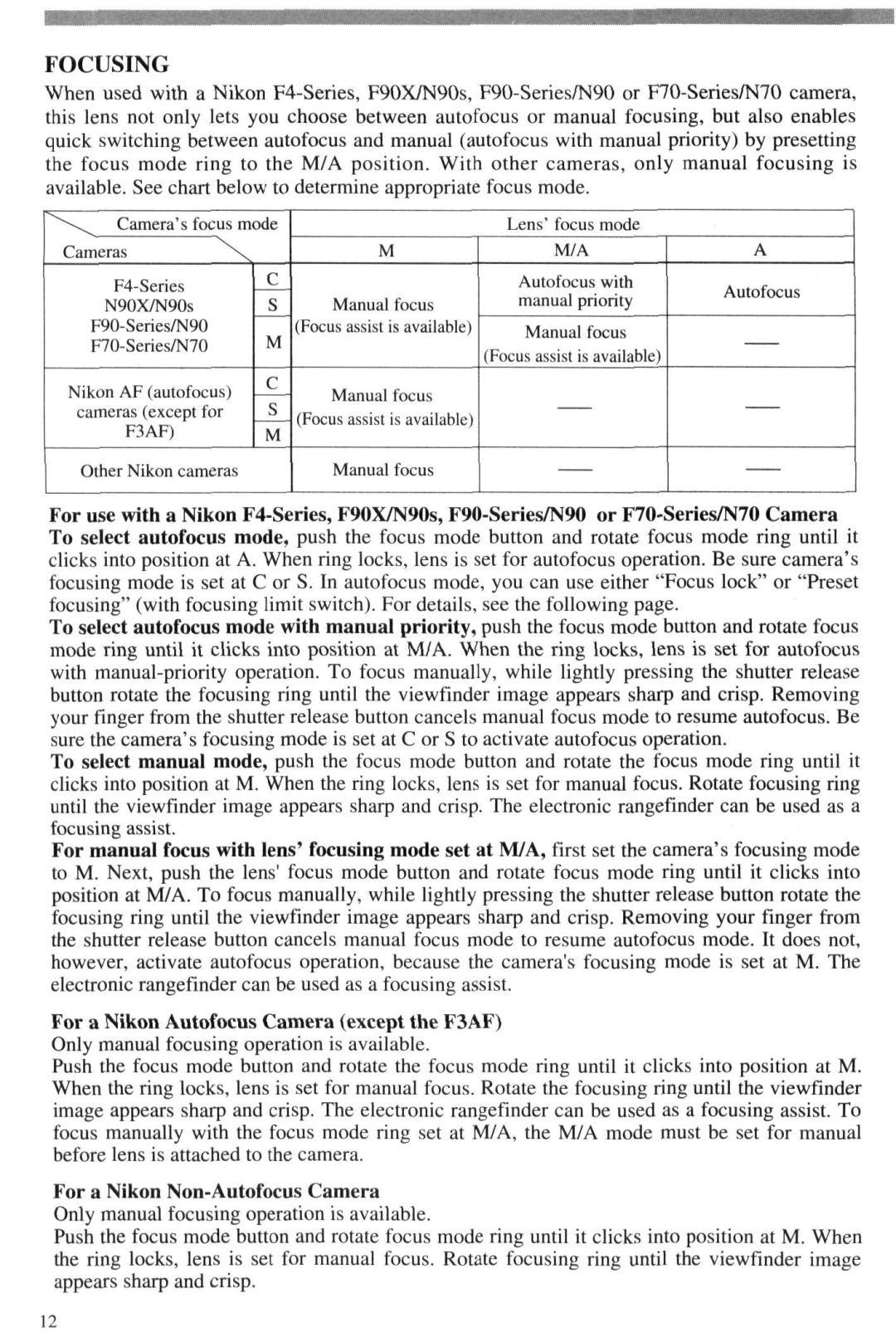 Nikon 4DIF instruction manual For a Nikon Autofocus Camera except the F3AF, For a Nikon Non-Autofocus Camera 