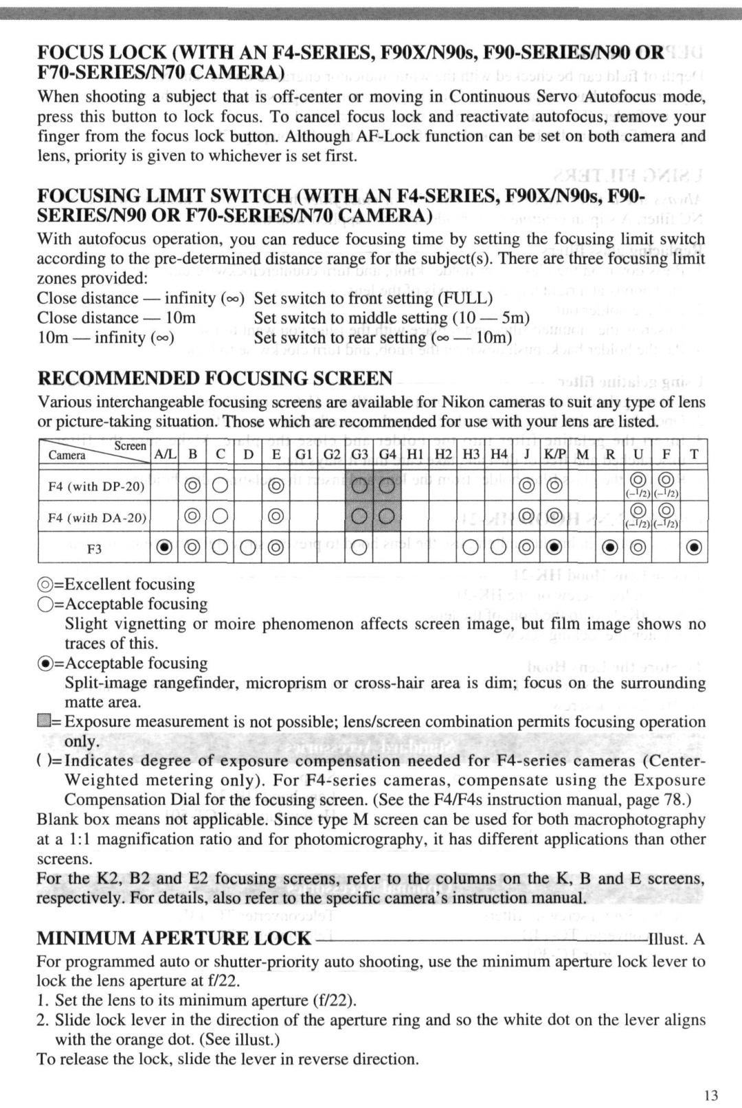 Nikon 4DIF instruction manual Recommended Focusing Screen, Minimum Aperture LOCKMust a 