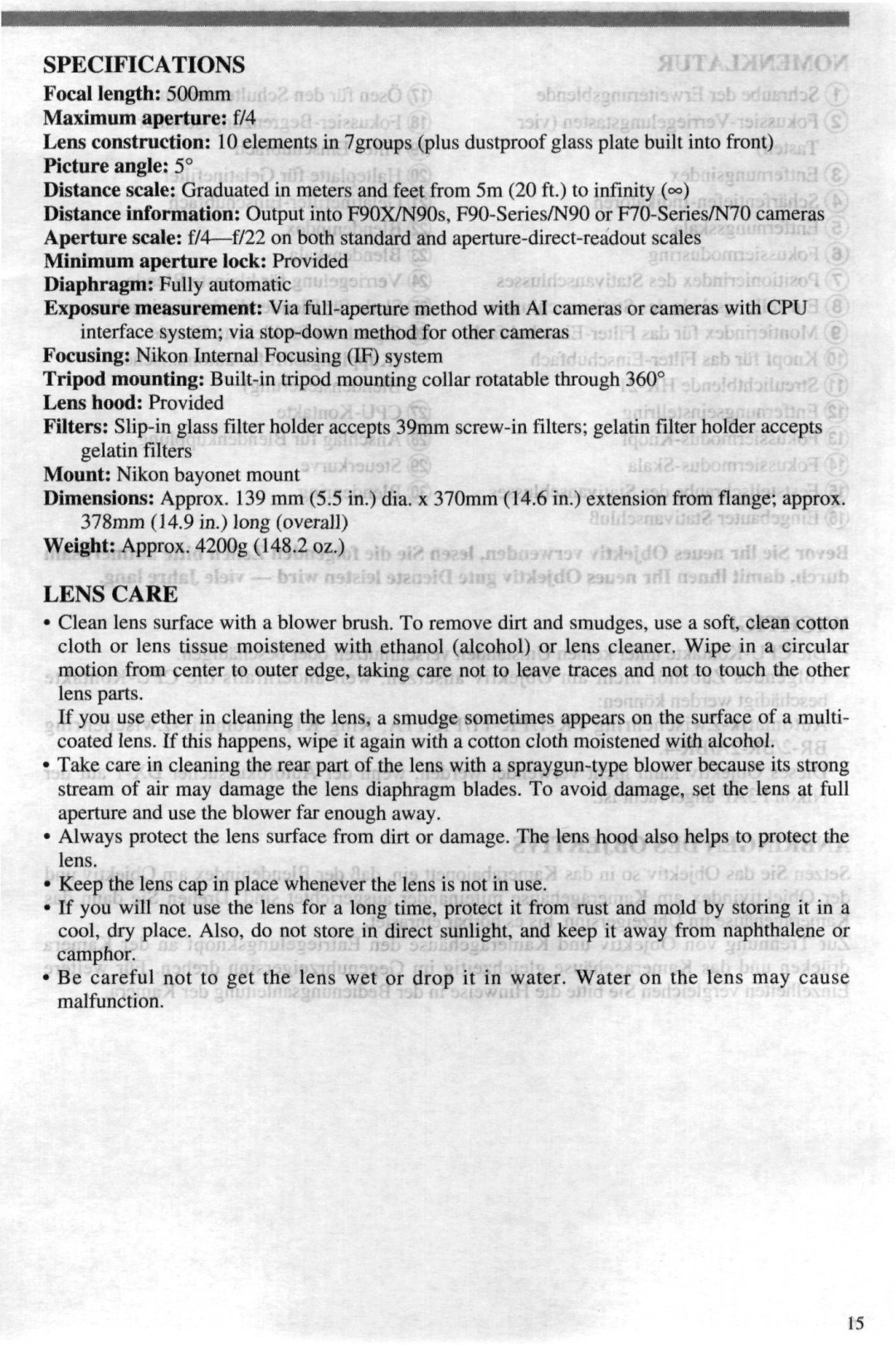 Nikon 4DIF instruction manual Specifications, Lens Care 