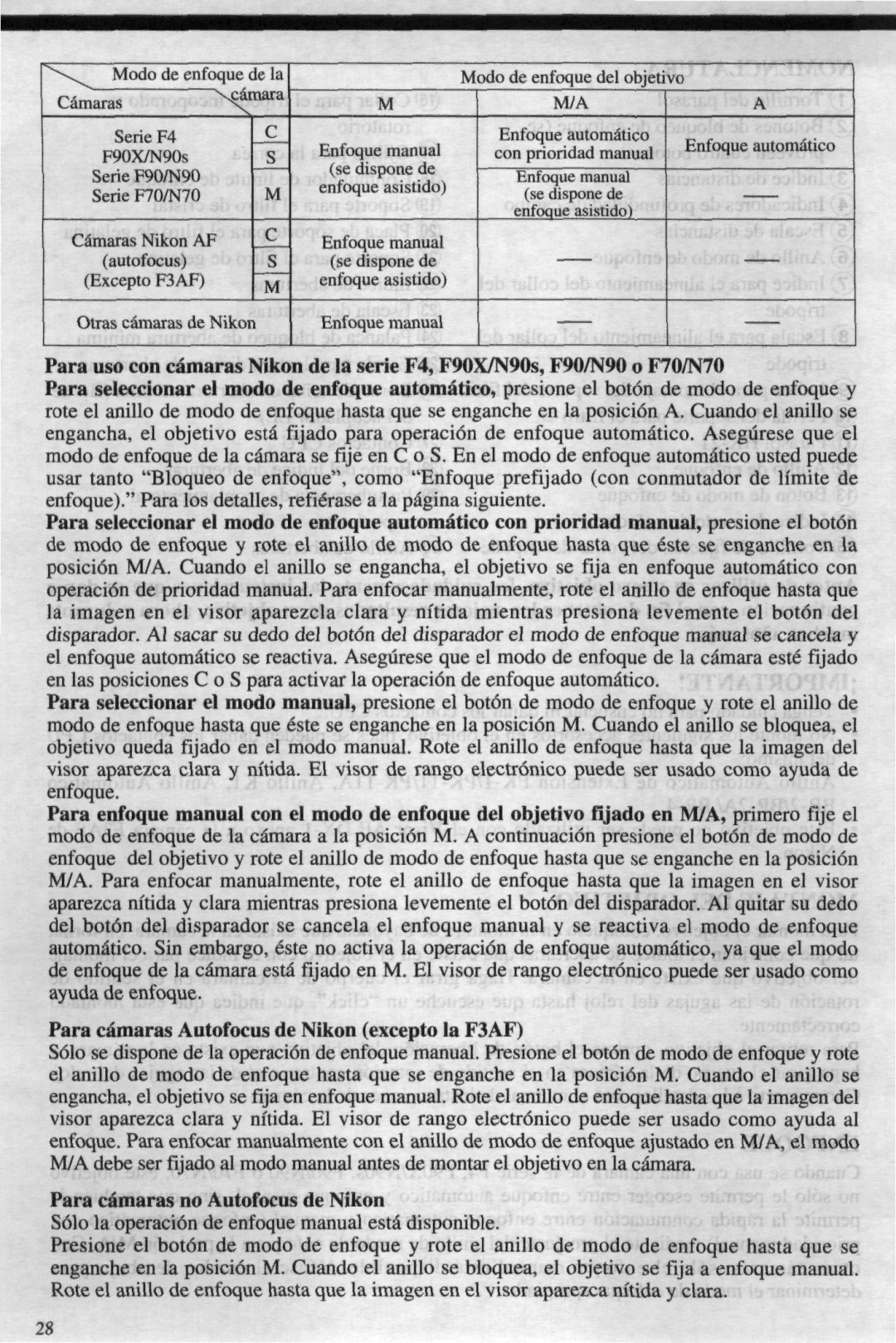 Nikon 4DIF instruction manual Para camaras no Autofocus de Nikon, Camaras Nara Serie F4 Enfoque manual 