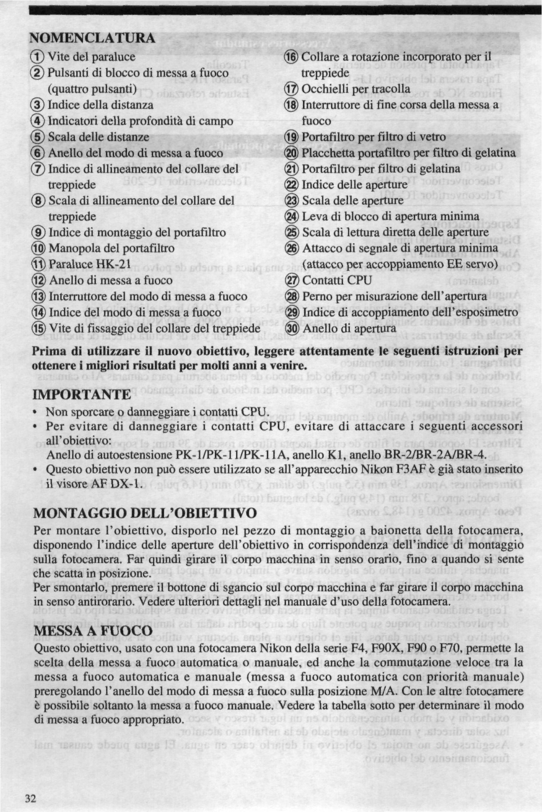 Nikon 4DIF instruction manual Montaggio Dellobiettivo, Messa a Fuoco 