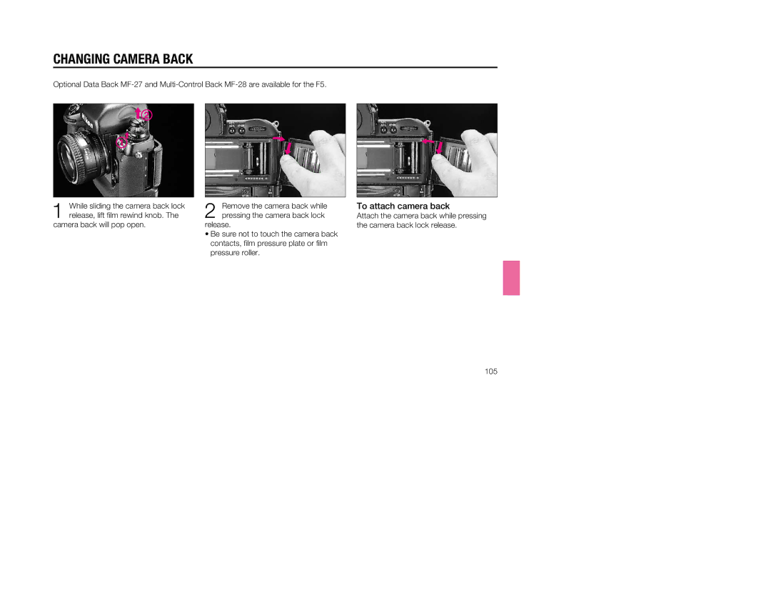 Nikon 1797, 5 instruction manual Changing Camera Back, To attach camera back, Camera back will pop open 