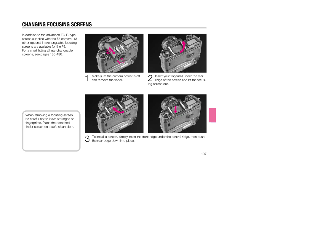 Nikon 1797, 5 instruction manual Changing Focusing Screens, Ing screen out 
