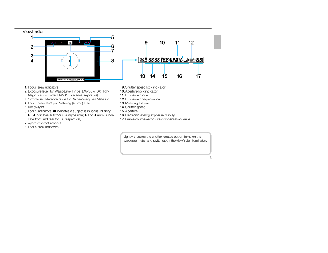 Nikon 1797, 5 instruction manual Viewfinder, Aperture direct-readout Focus area indicators 