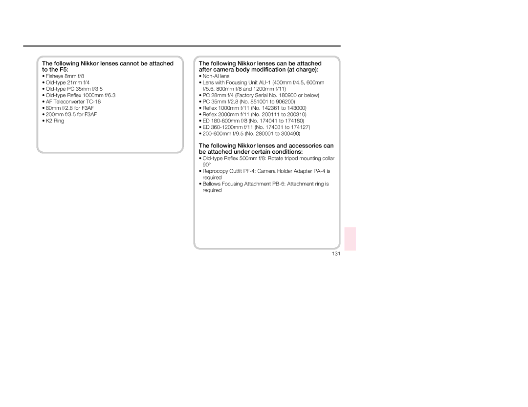 Nikon 1797 instruction manual Following Nikkor lenses cannot be attached to the F5 