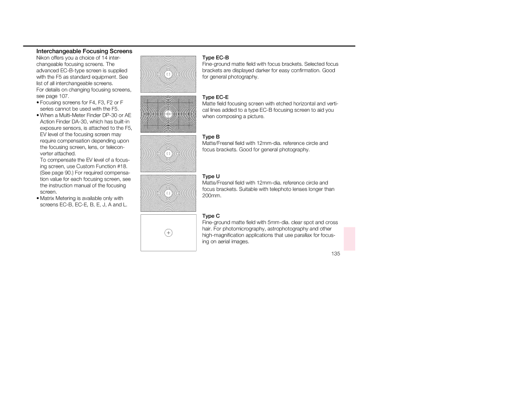 Nikon 1797, 5 instruction manual Interchangeable Focusing Screens, For details on changing focusing screens, see 