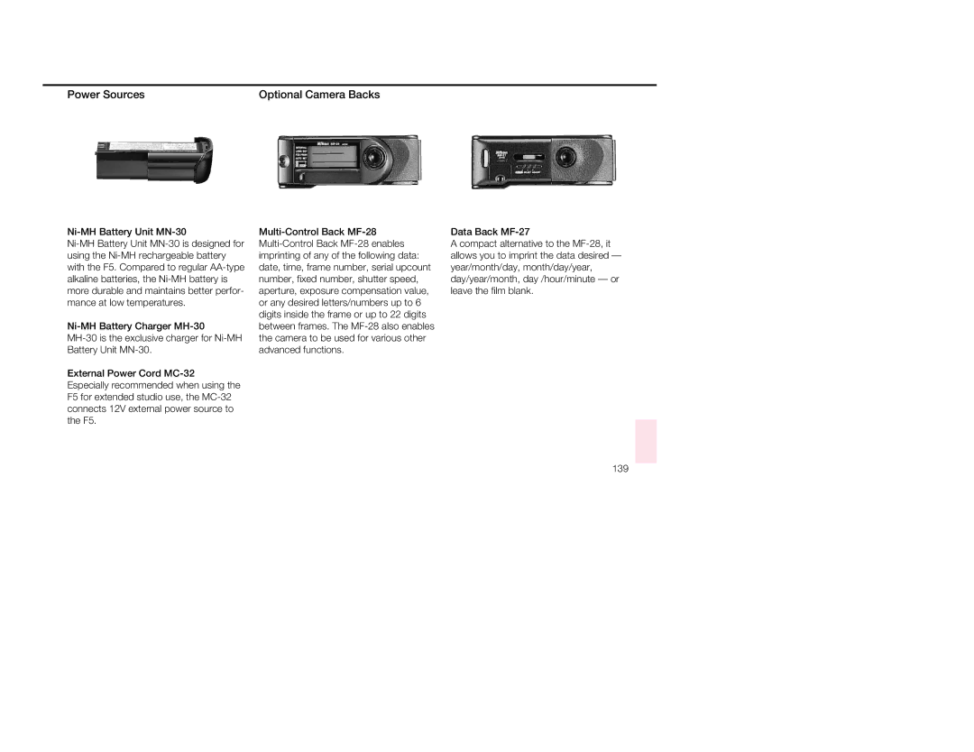 Nikon 1797, 5 instruction manual Power Sources Optional Camera Backs, Ni-MH Battery Unit MN-30 