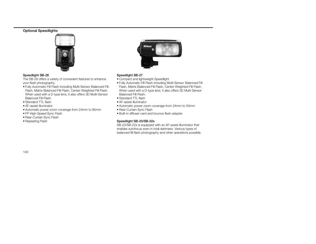 Nikon 5, 1797 instruction manual Optional Speedlights, 140 