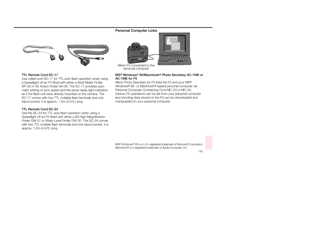 Nikon 1797, 5 instruction manual Personal Computer Links, TTL Remote Cord SC-17, TTL Remote Cord SC-24, 141 