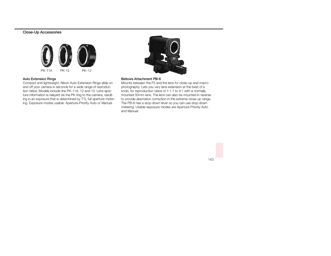 Nikon 1797, 5 instruction manual Close-Up Accessories, PK-11A PK-12 PK-13 Auto Extension Rings 