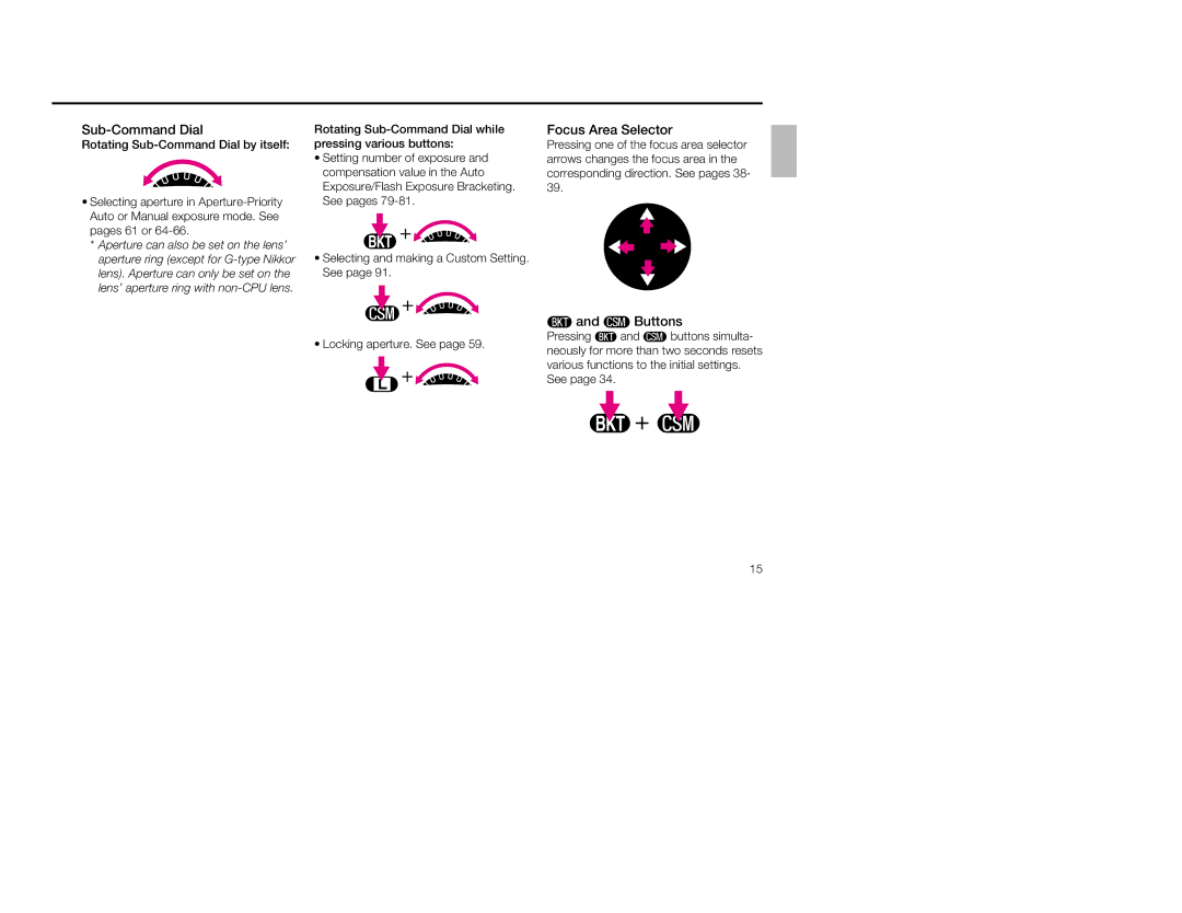 Nikon 1797, 5 instruction manual Focus Area Selector, ‚ and · Buttons, Rotating Sub-Command Dial by itself 