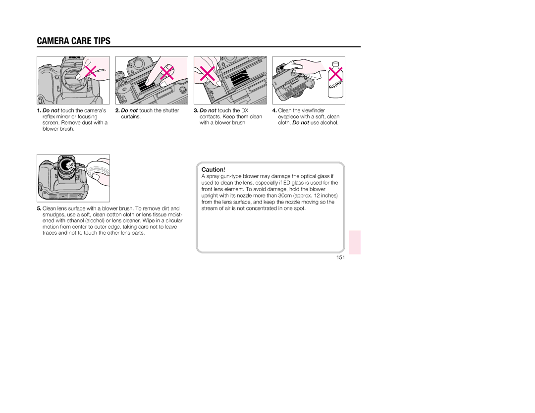 Nikon 1797 instruction manual Camera Care Tips, 151 