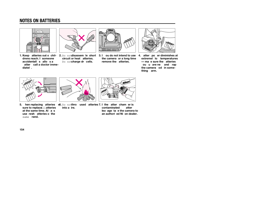 Nikon 5, 1797 instruction manual Do not throw used batteries into a fire 