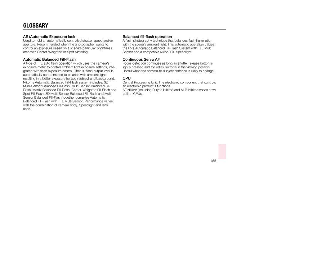 Nikon 1797, 5 Glossary, AE Automatic Exposure lock, Balanced fill-flash operation, Automatic Balanced Fill-Flash 