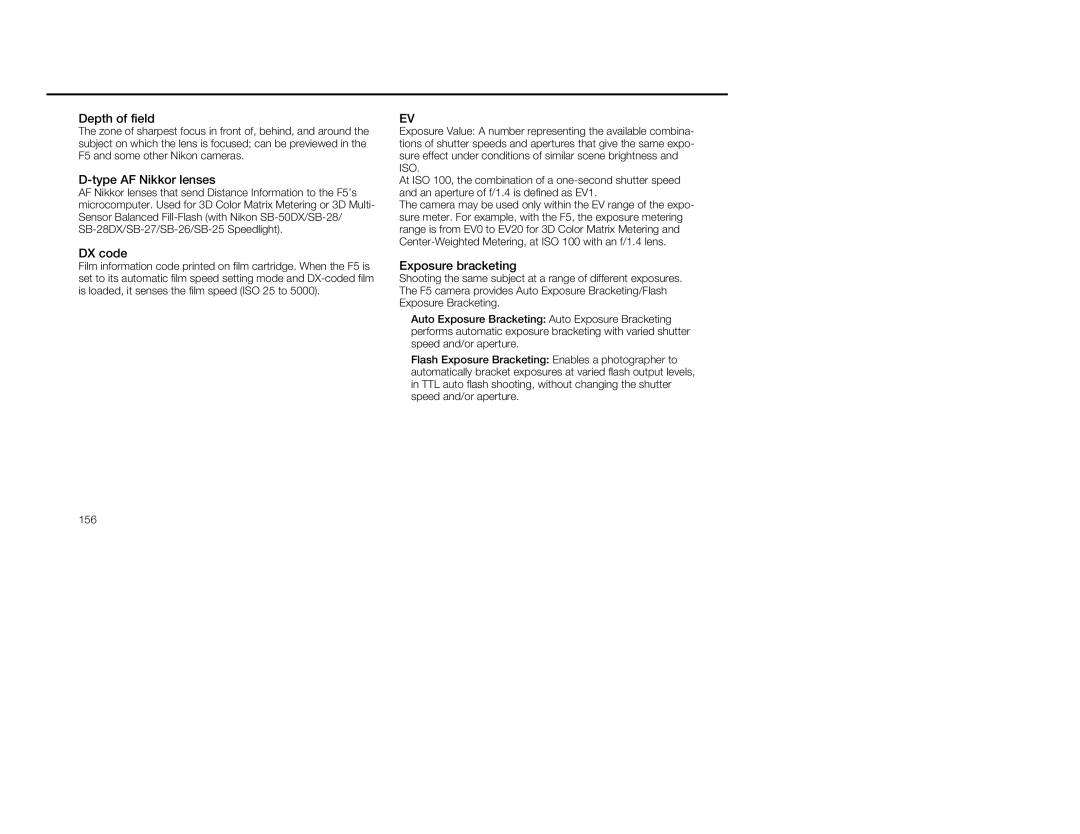 Nikon 5, 1797 instruction manual Depth of field, Type AF Nikkor lenses, DX code, Exposure bracketing 