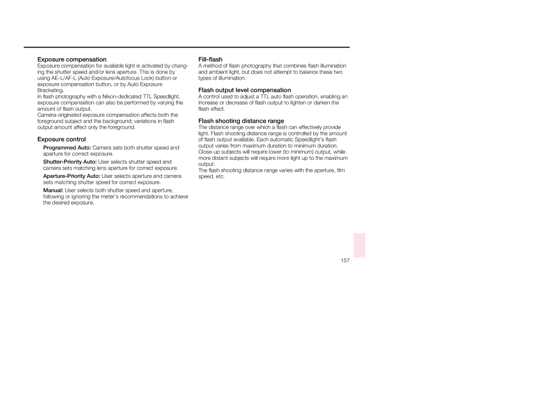 Nikon 1797, 5 instruction manual Exposure compensation, Exposure control, Fill-flash, Flash output level compensation 