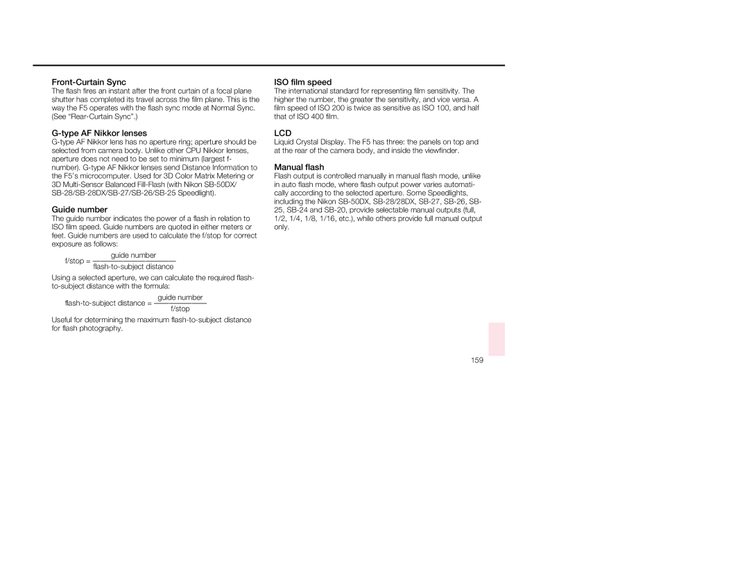 Nikon 1797, 5 instruction manual Front-Curtain Sync, ISO film speed, Guide number, Manual flash 