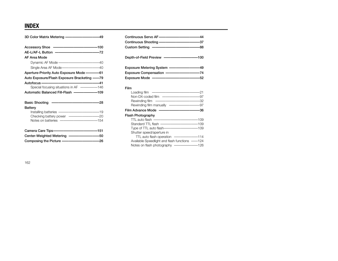 Nikon 5, 1797 instruction manual Index, TTL auto flash operation, 162 