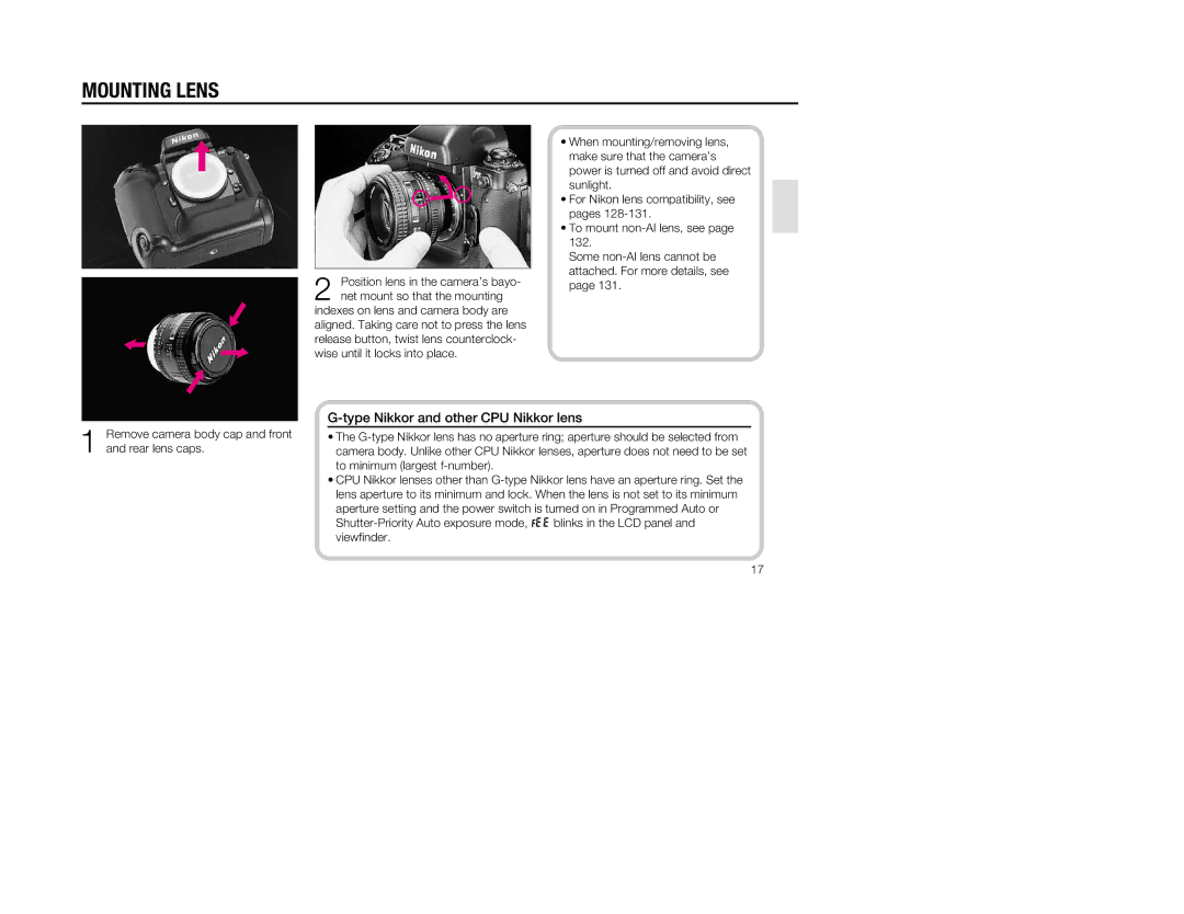 Nikon 1797, 5 instruction manual Mounting Lens, Type Nikkor and other CPU Nikkor lens 