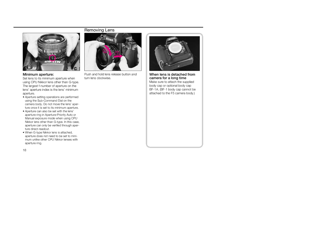 Nikon 5, 1797 instruction manual Removing Lens, Minimum aperture, When lens is detached from camera for a long time 