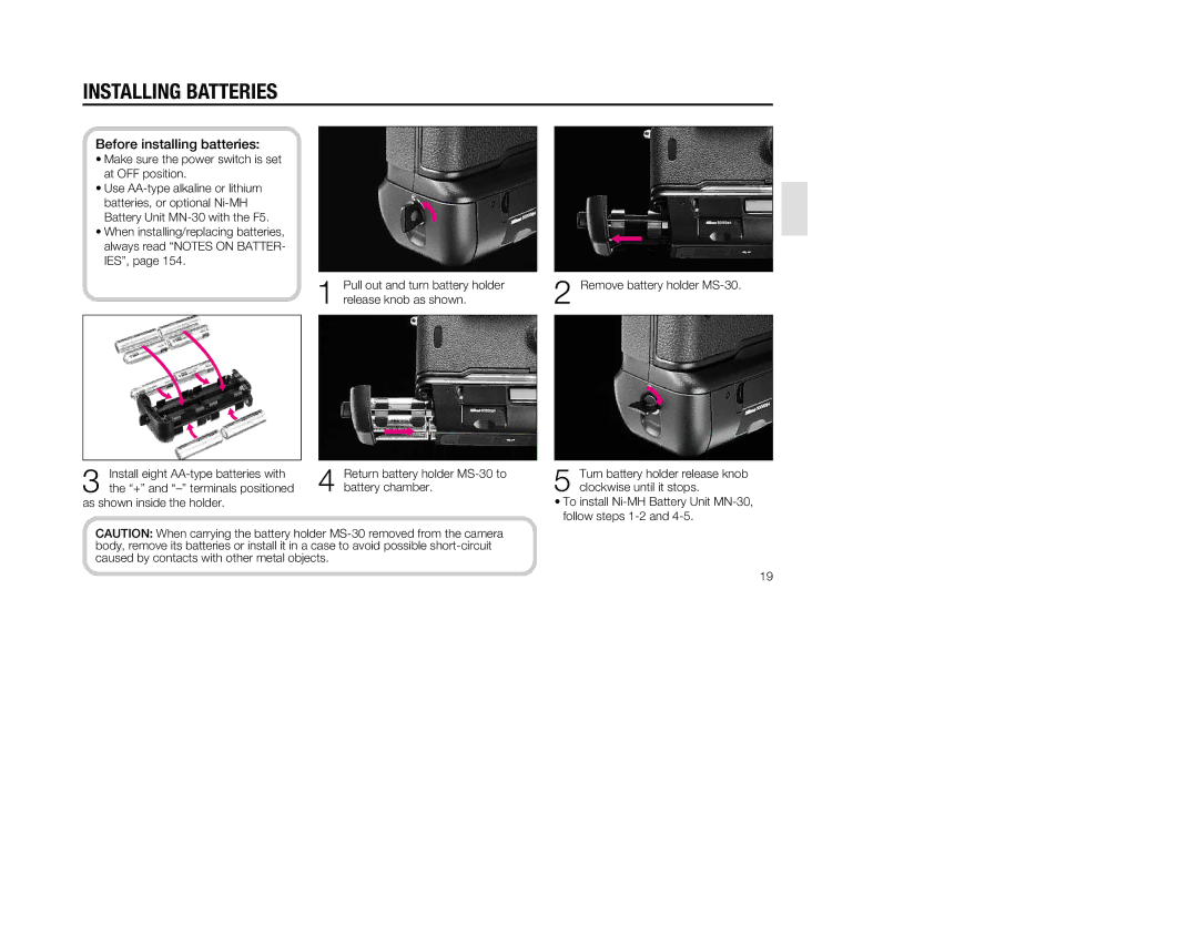 Nikon 1797, 5 instruction manual Installing Batteries, Before installing batteries, As shown inside the holder 