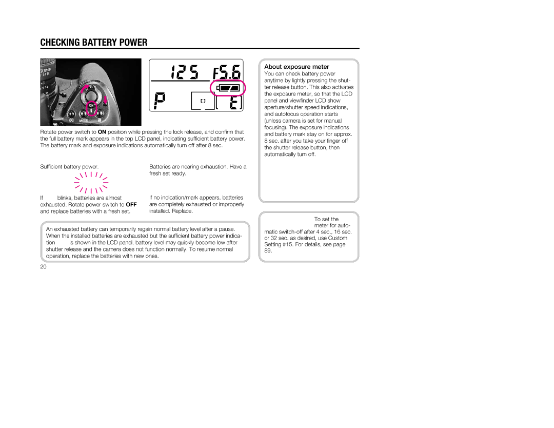 Nikon 5, 1797 instruction manual Checking Battery Power, About exposure meter 