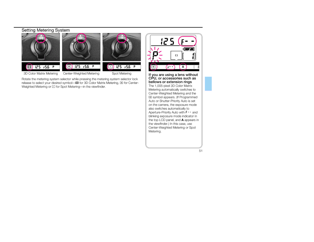 Nikon 1797, 5 instruction manual Setting Metering System, 3D Color Matrix Metering Center-Weighted Metering 