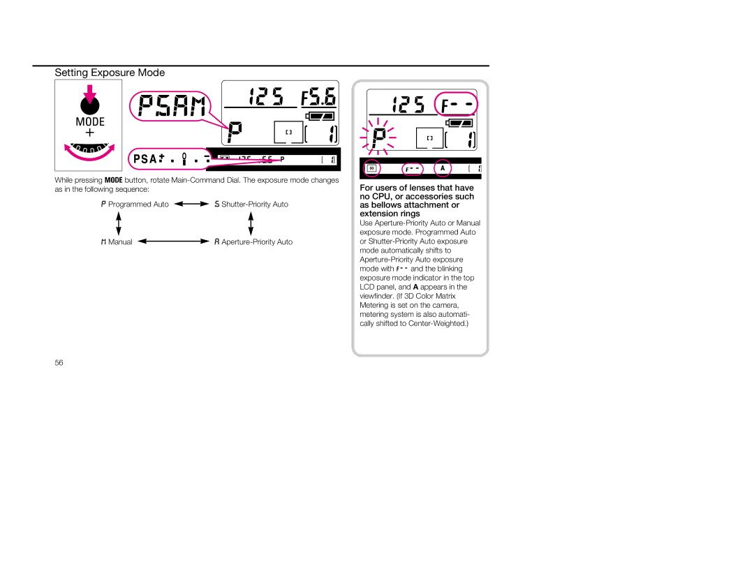 Nikon 5, 1797 instruction manual Setting Exposure Mode 