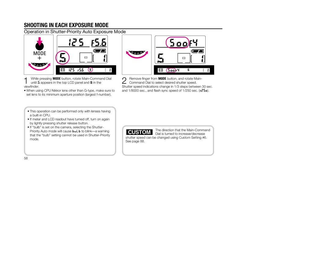 Nikon 5, 1797 instruction manual Shooting in Each Exposure Mode, Operation in Shutter-Priority Auto Exposure Mode 