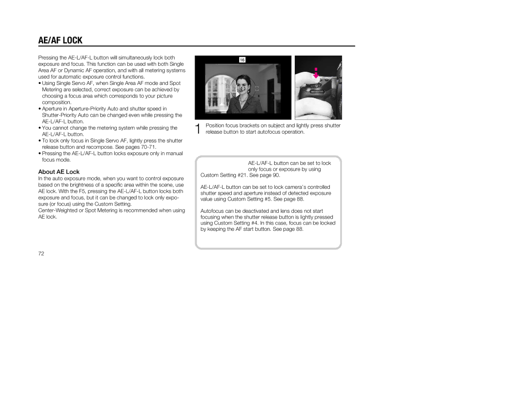 Nikon 5, 1797 instruction manual AE/AF Lock, About AE Lock 