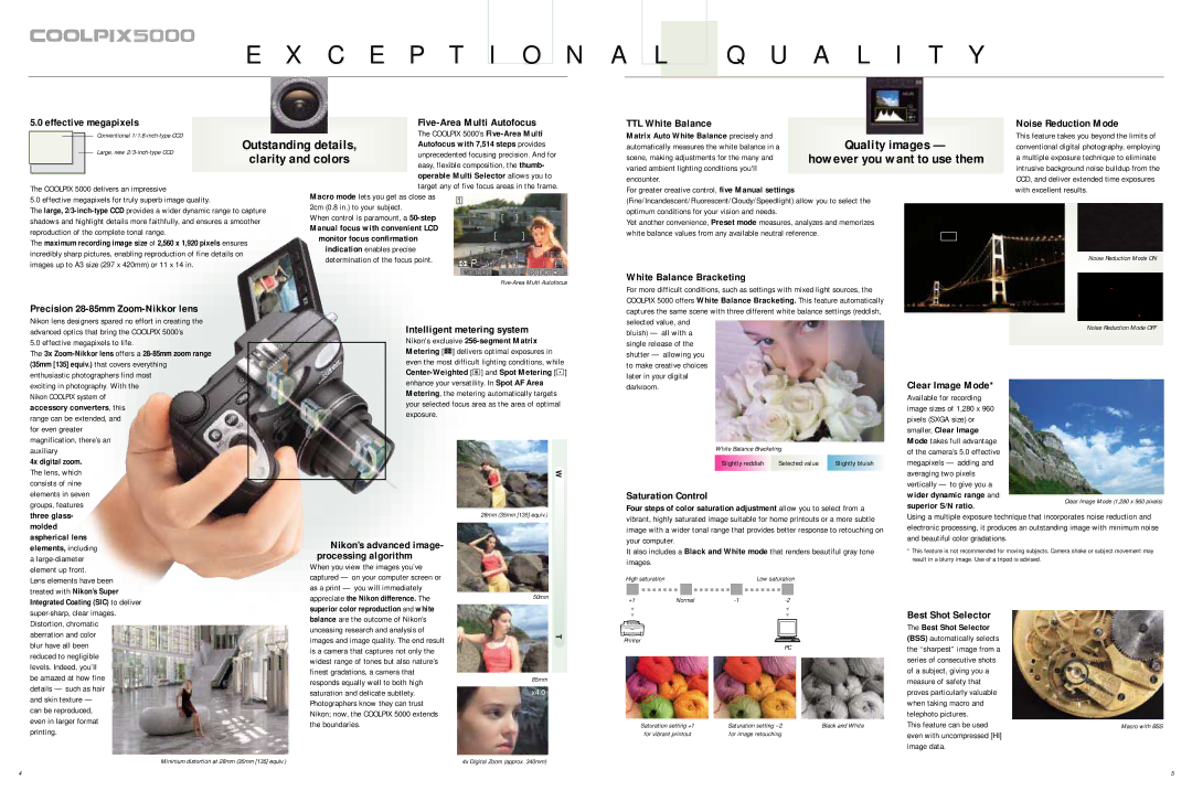 Nikon 5000 specifications Effective megapixels, Five-Area Multi Autofocus, TTL White Balance, Intelligent metering system 