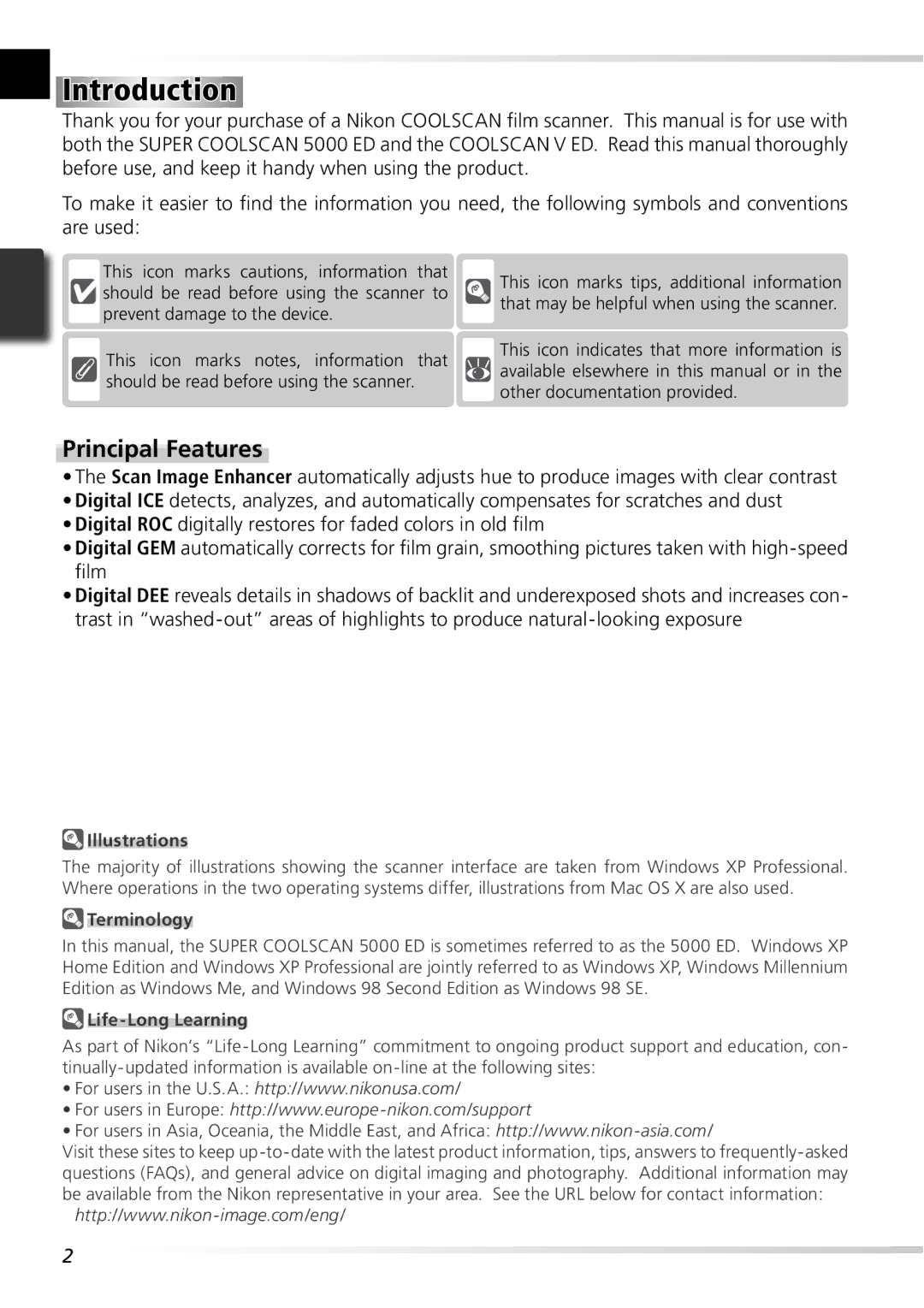 Nikon 5000ED user manual Introduction, Principal Features, Illustrations, Terminology, Life-Long Learning 