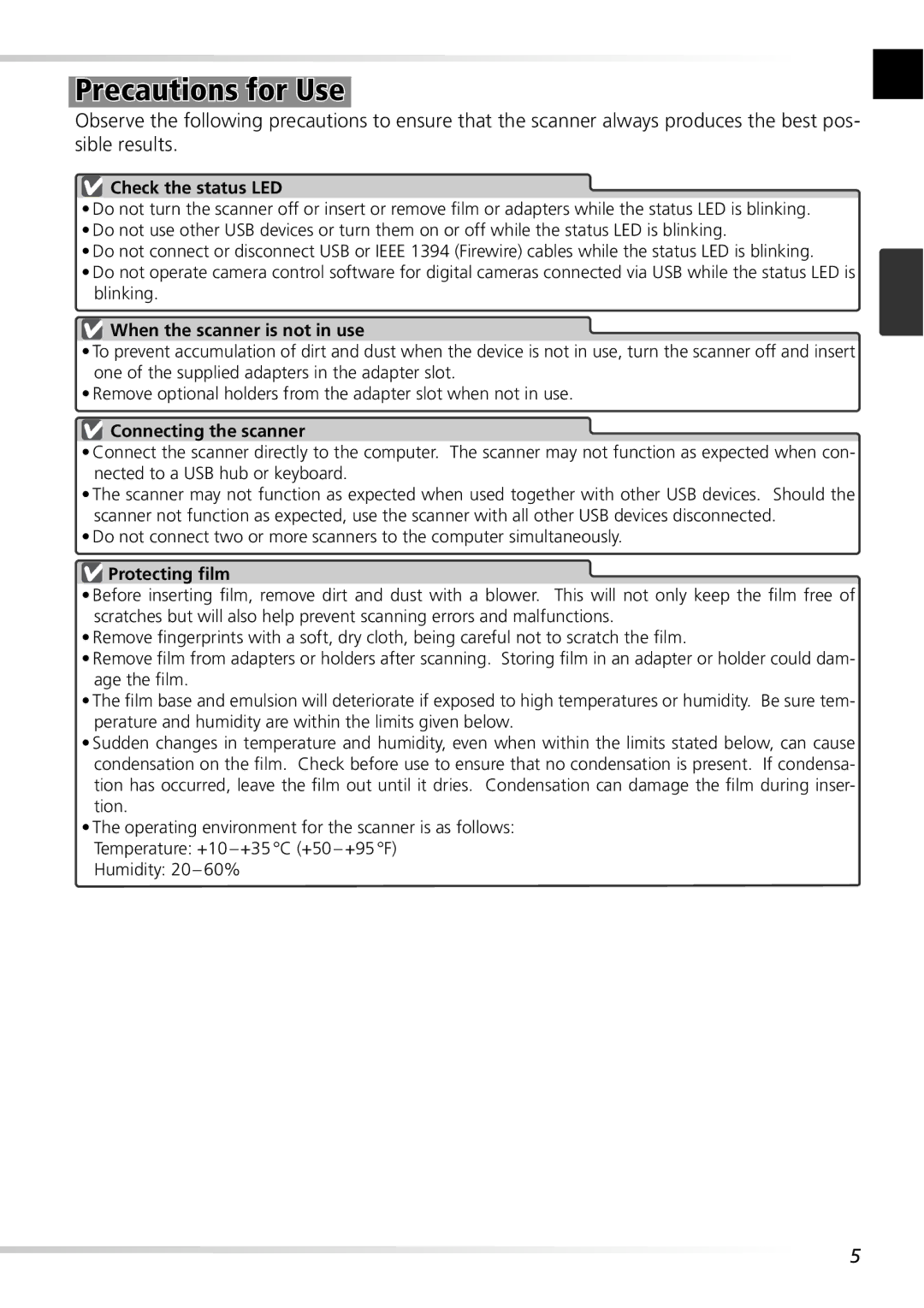 Nikon 5000ED user manual Precautions for Use, Check the status LED 