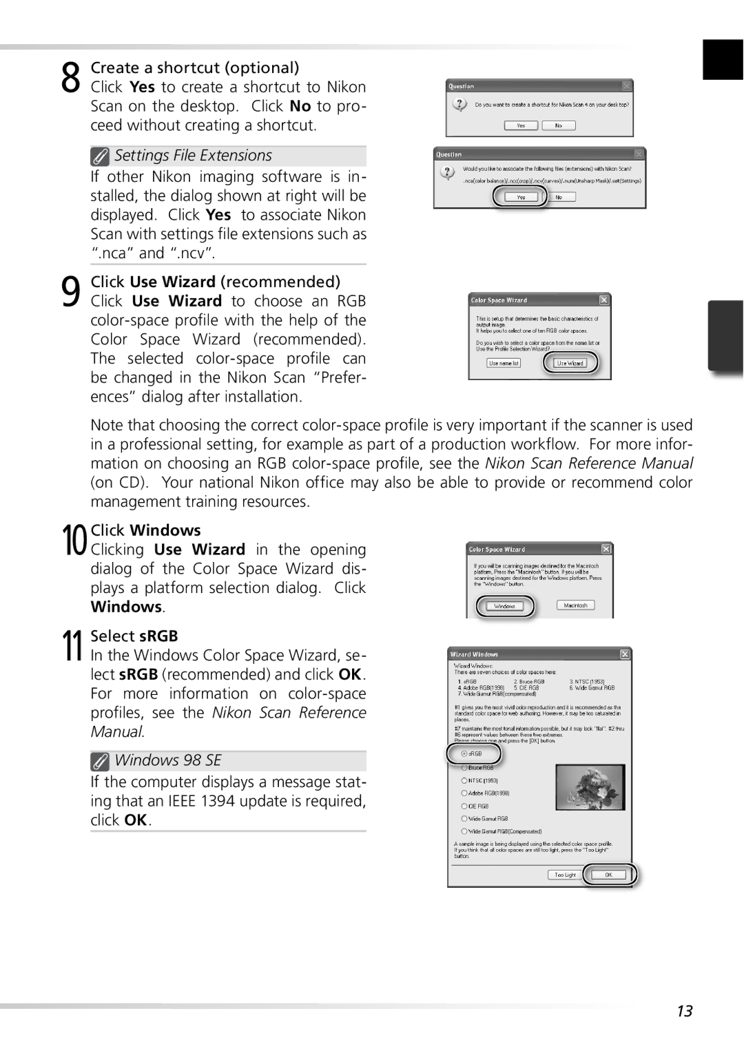 Nikon 5000ED user manual Settings File Extensions, 10Click Windows, Windows 98 SE 