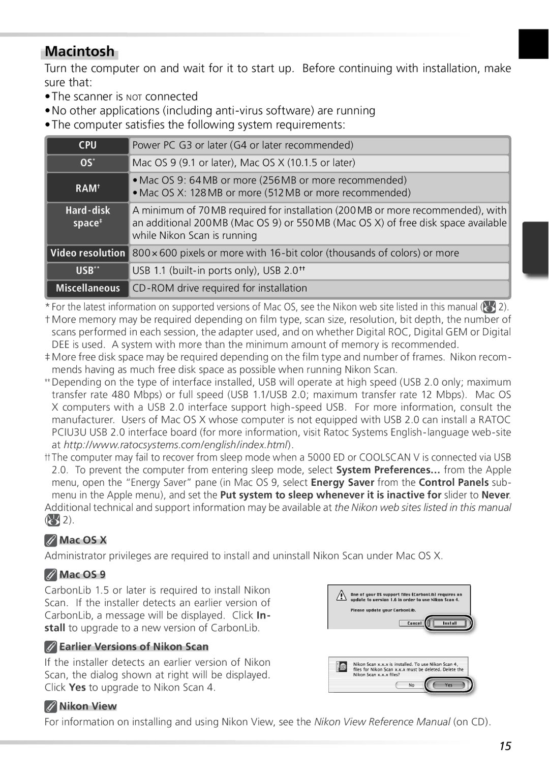 Nikon 5000ED user manual Macintosh, Usb, Mac OS 