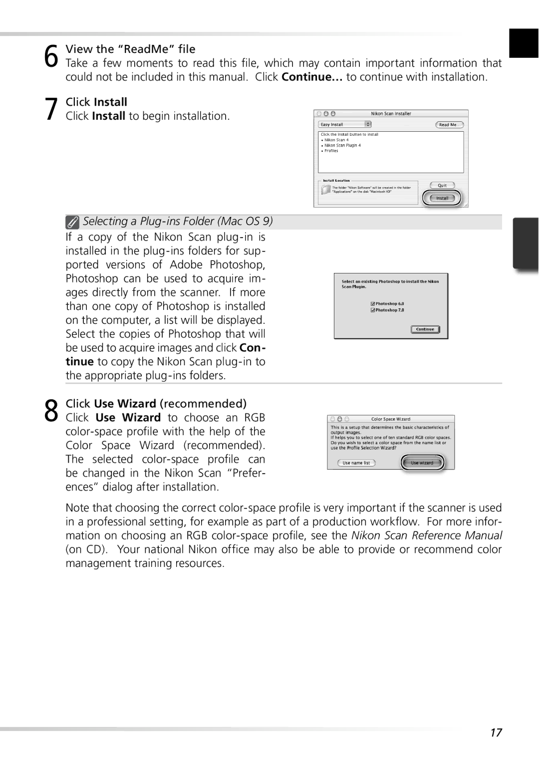 Nikon 5000ED user manual Click Install to begin installation, Selecting a Plug-ins Folder Mac OS 