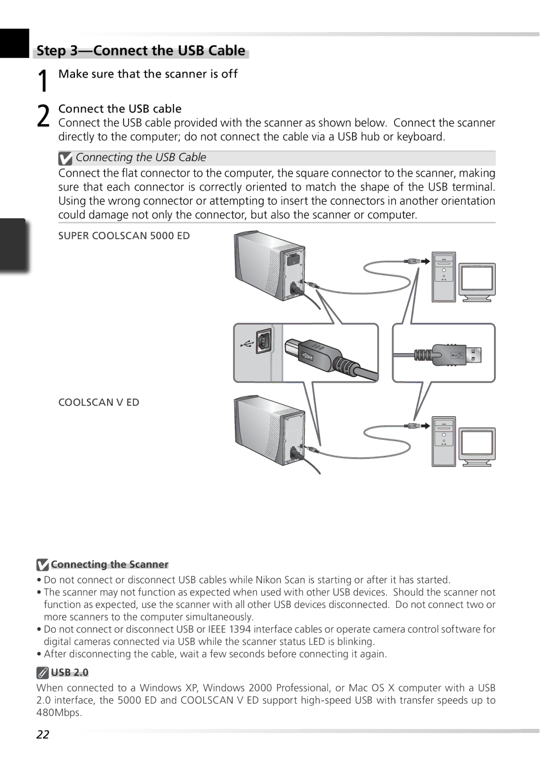 Nikon 5000ED user manual Connect the USB cable, Connecting the USB Cable, Connecting the Scanner, Usb 